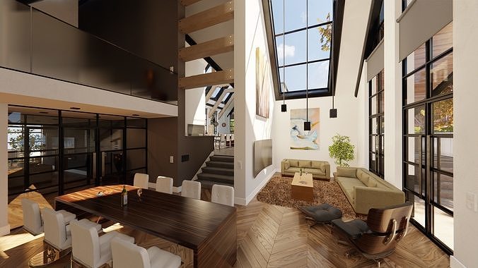Blender Eevee Modern Villa Low-poly 3D model 3