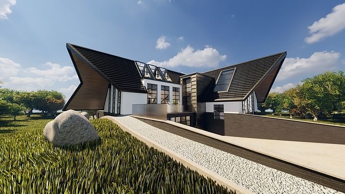 Blender Eevee Modern Villa Low-poly 3D model 2