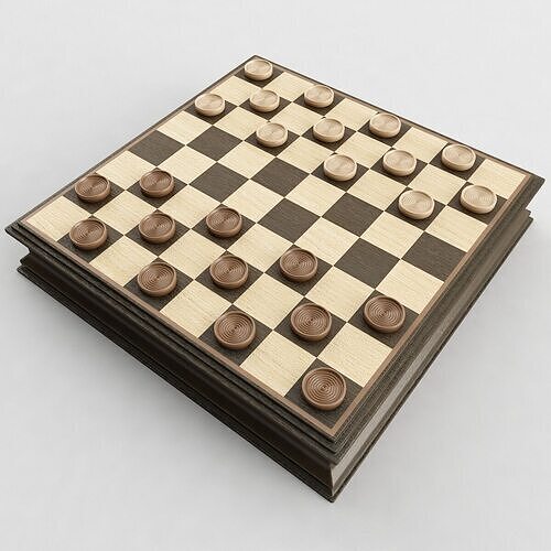 Checkers board with wooden pieces 3D model