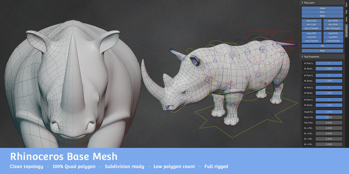 Rhinoceros Base Mesh Low-poly 3D model_1