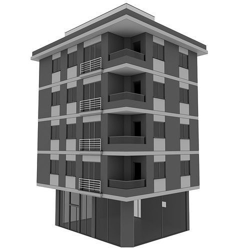 Simple Building 4-Storey Low-Poly Model with Terrace and Store Low-poly 3D model