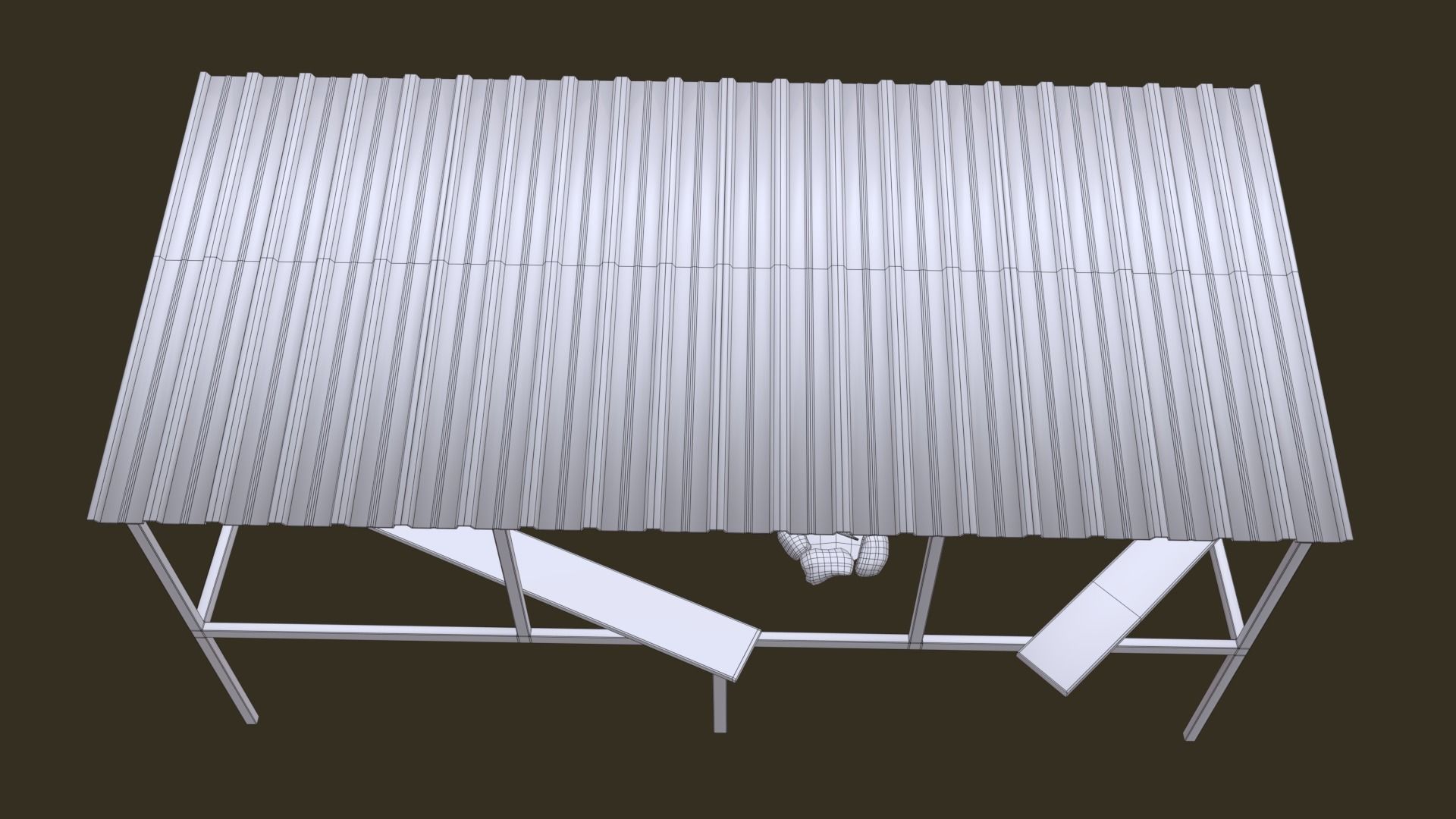 Bus Shelter with Metal Frame Blue Sheet Makeshift Plank Seats Low-poly 3D model_12