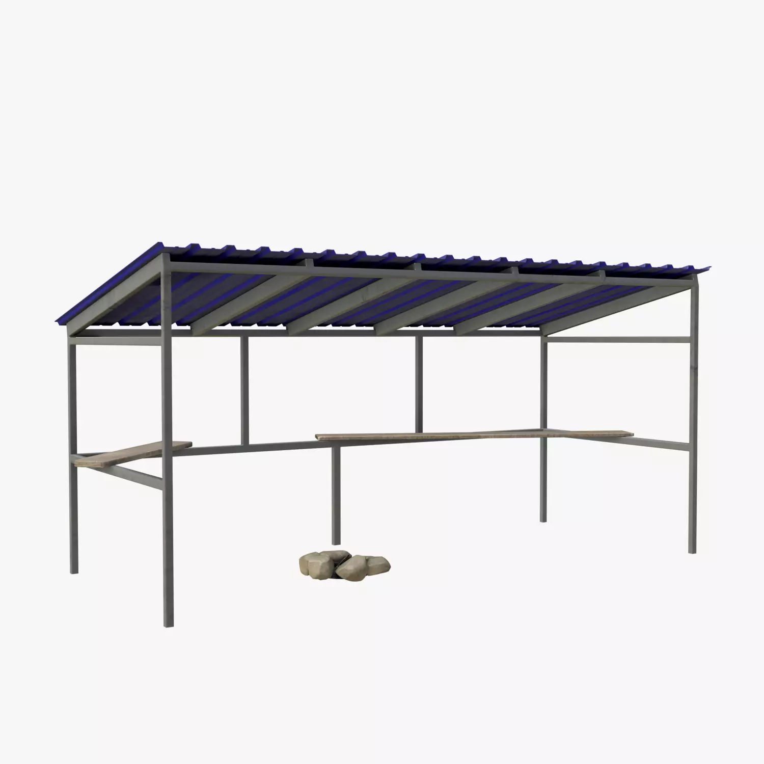 Bus Shelter with Metal Frame Blue Sheet Makeshift Plank Seats Low-poly 3D model_0