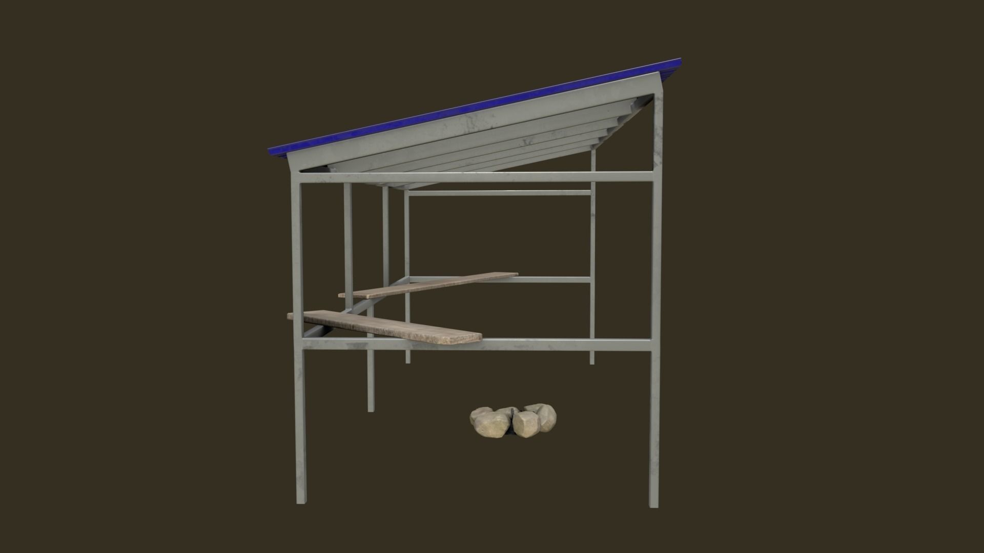 Bus Shelter with Metal Frame Blue Sheet Makeshift Plank Seats Low-poly 3D model_1
