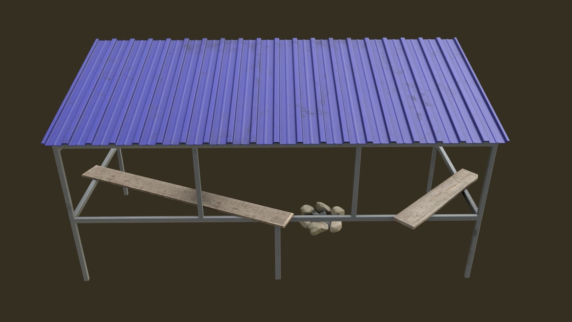 Bus Shelter with Metal Frame Blue Sheet Makeshift Plank Seats Low-poly 3D model_4
