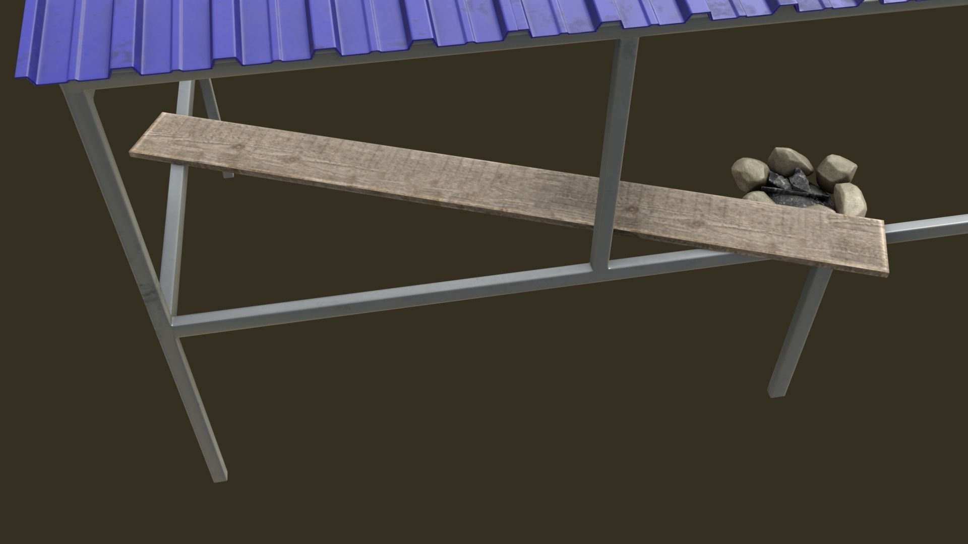 Bus Shelter with Metal Frame Blue Sheet Makeshift Plank Seats Low-poly 3D model_6