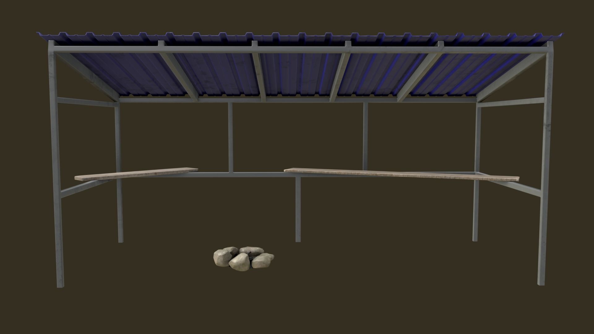 Bus Shelter with Metal Frame Blue Sheet Makeshift Plank Seats Low-poly 3D model_9