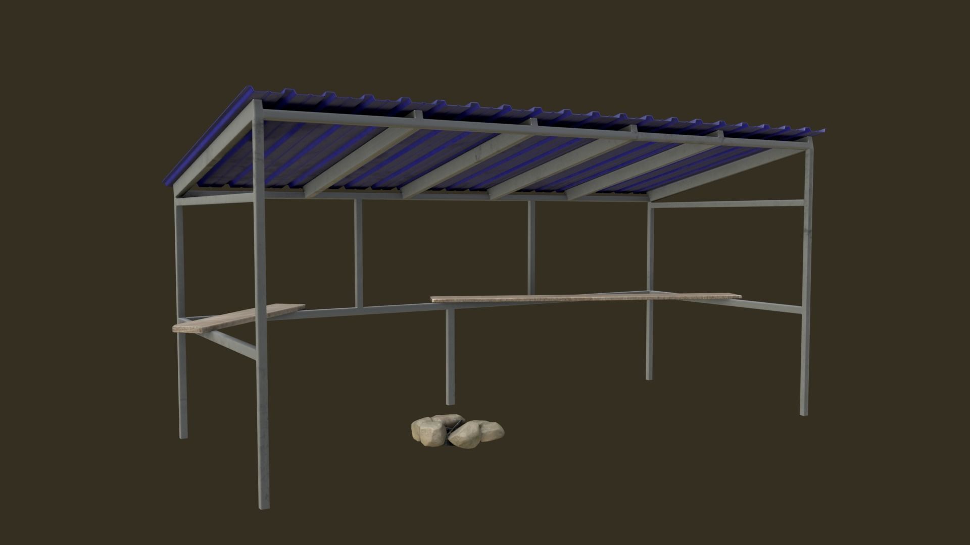 Bus Shelter with Metal Frame Blue Sheet Makeshift Plank Seats Low-poly 3D model_2