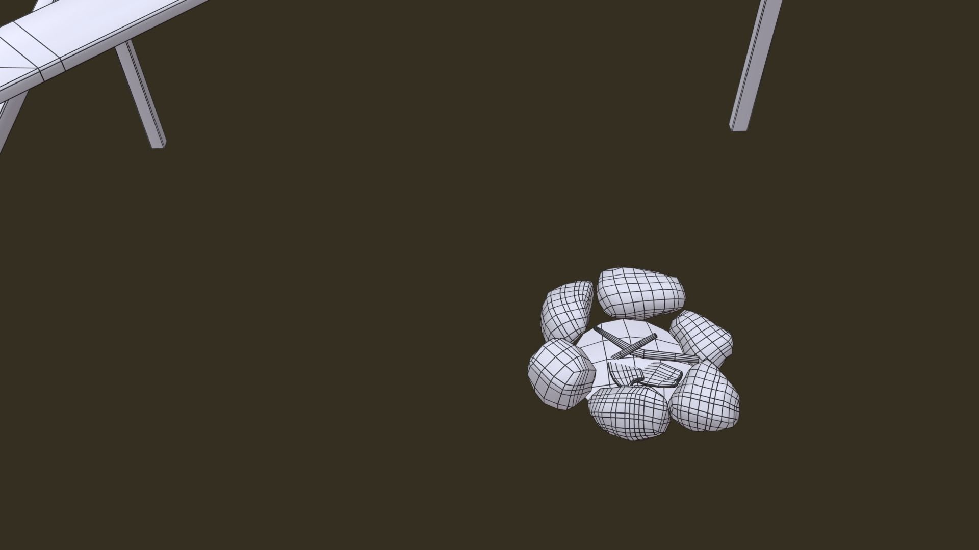 Bus Shelter with Metal Frame Blue Sheet Makeshift Plank Seats Low-poly 3D model_13