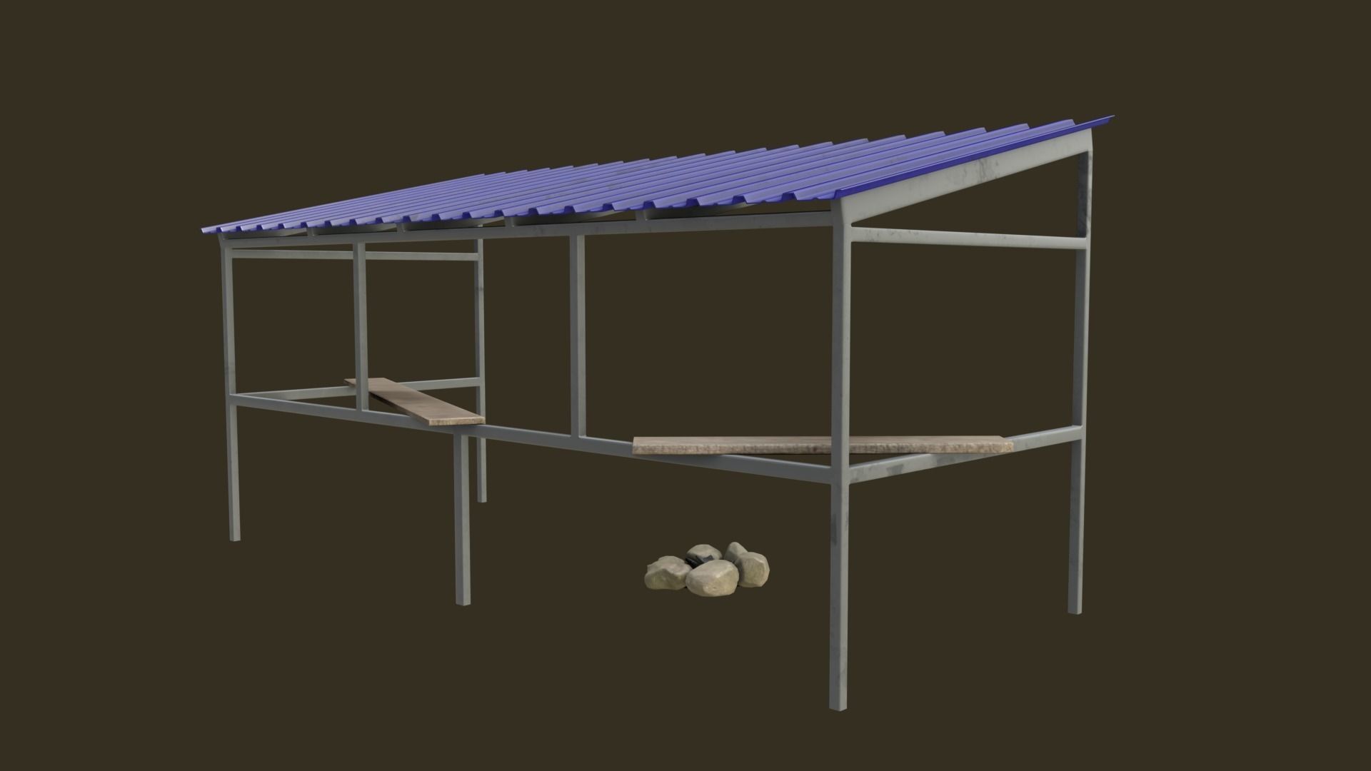 Bus Shelter with Metal Frame Blue Sheet Makeshift Plank Seats Low-poly 3D model_5