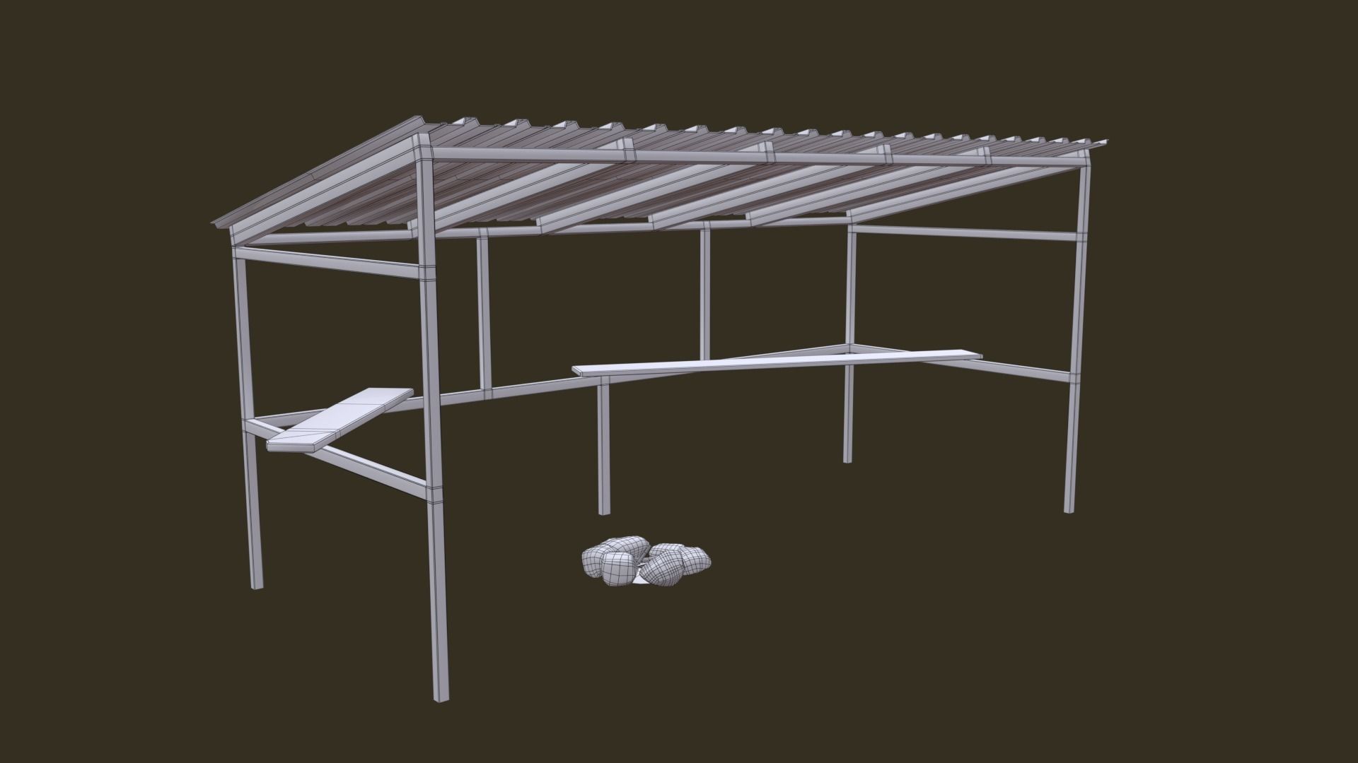 Bus Shelter with Metal Frame Blue Sheet Makeshift Plank Seats Low-poly 3D model_10