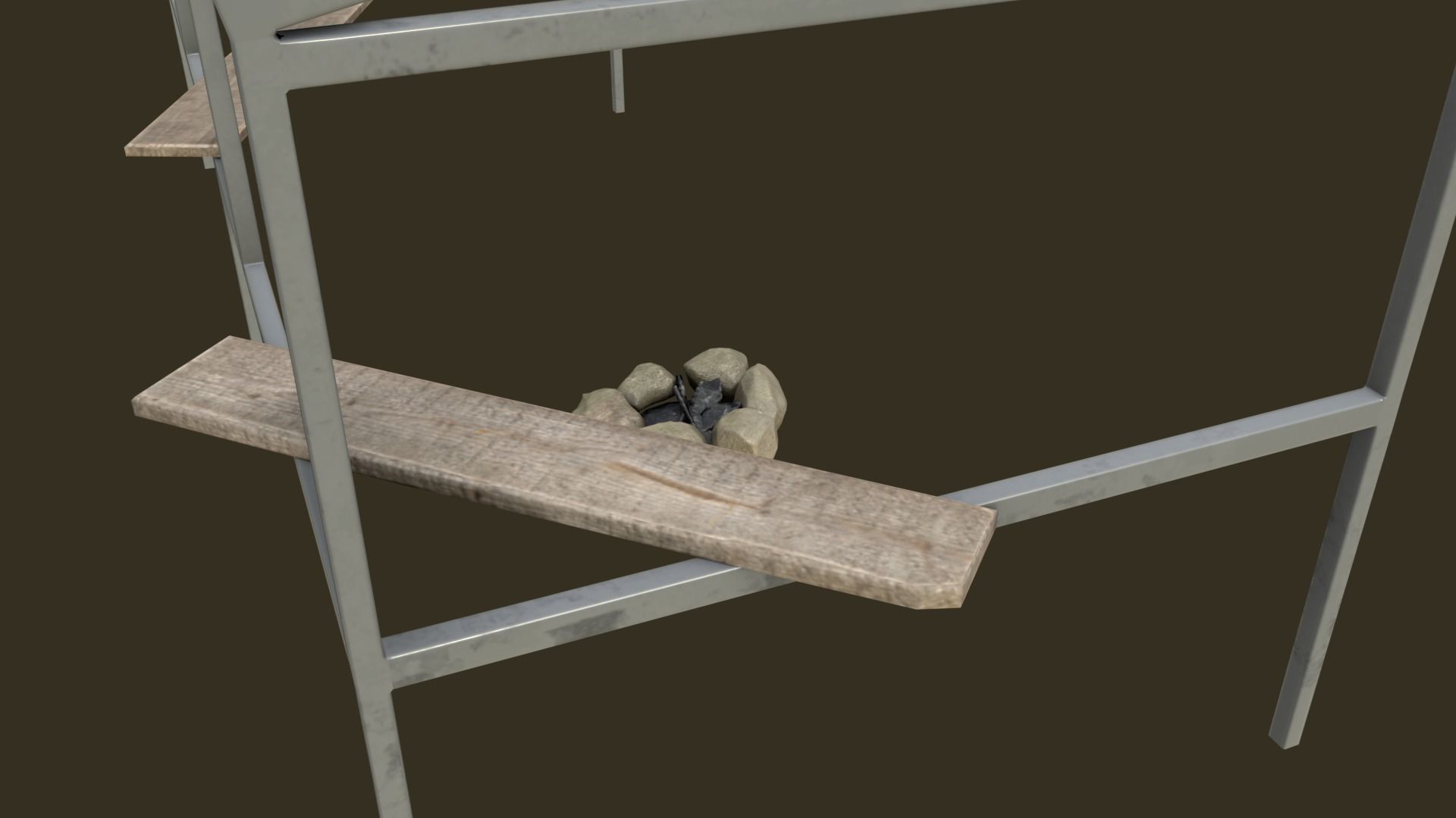 Bus Shelter with Metal Frame Blue Sheet Makeshift Plank Seats Low-poly 3D model_7