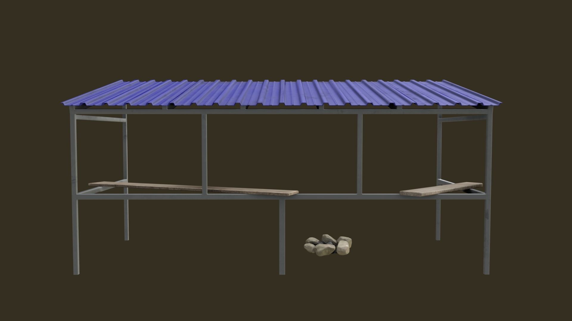 Bus Shelter with Metal Frame Blue Sheet Makeshift Plank Seats Low-poly 3D model_3