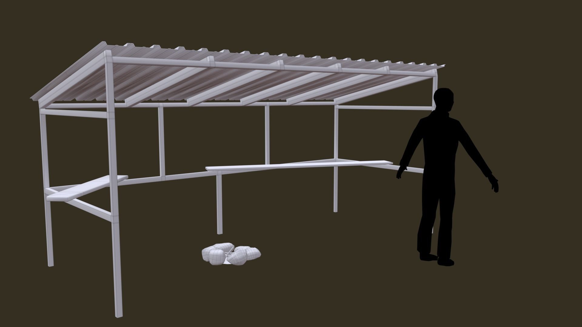 Bus Shelter with Metal Frame Blue Sheet Makeshift Plank Seats Low-poly 3D model_18