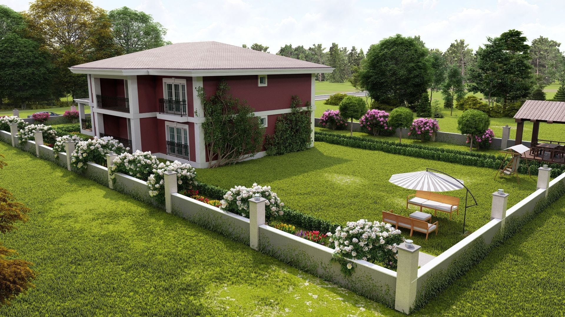 Villa1 house with flowers in front yard 3D model_2