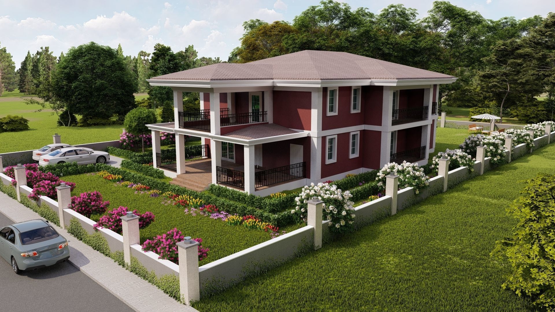 Villa1 house with flowers in front yard 3D model_3