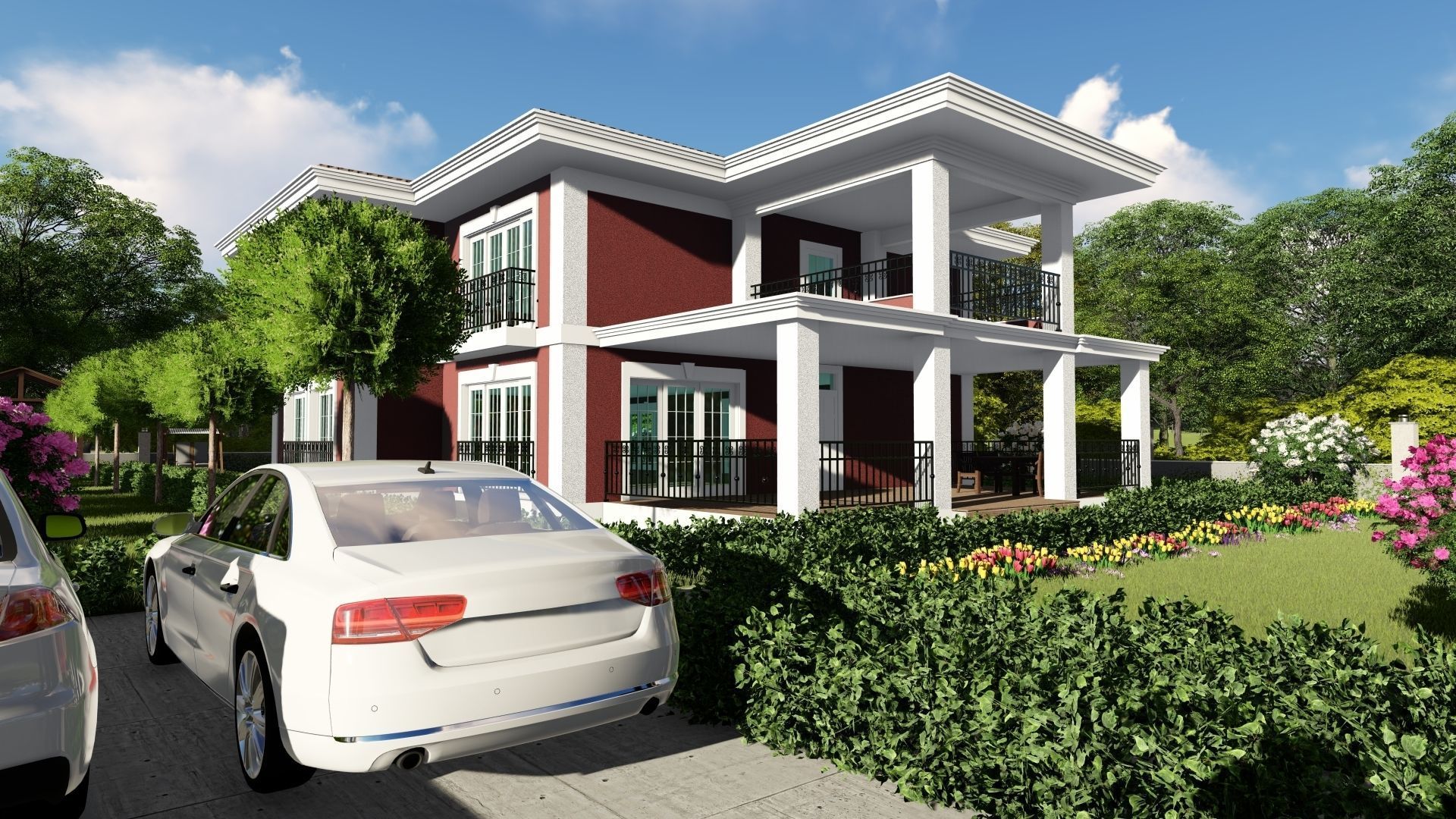 Villa1 house with flowers in front yard 3D model_5