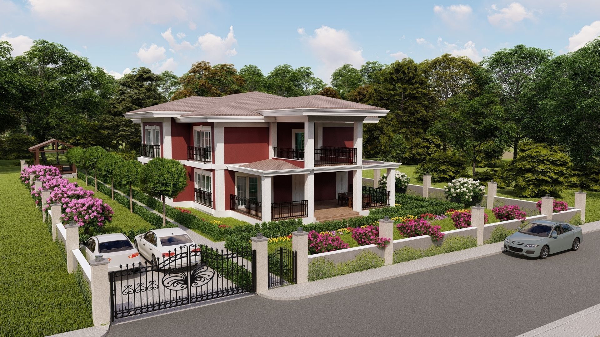 Villa1 house with flowers in front yard 3D model_4