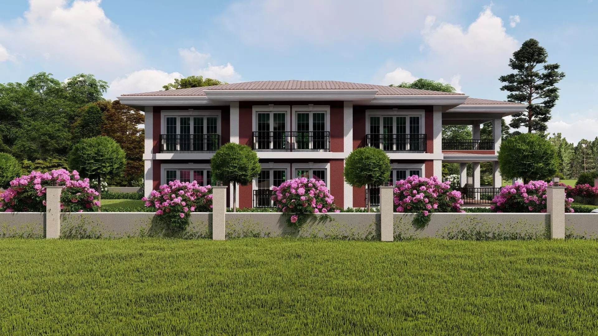 Villa1 house with flowers in front yard 3D model_0