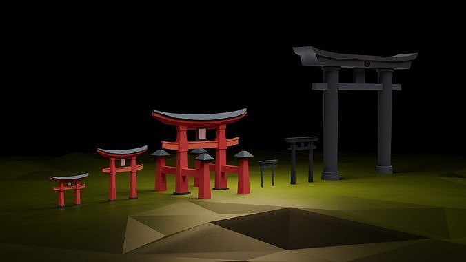 Japanese Torri Gate 3D Model Set of 6 Game Ready Low-poly 3D model
