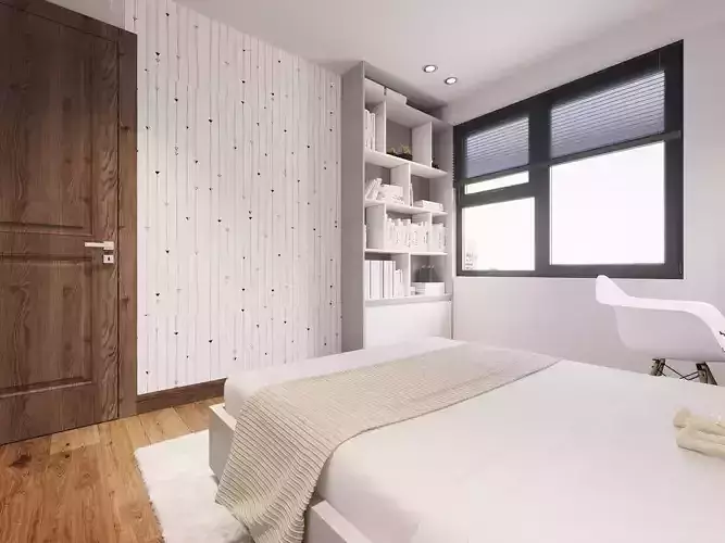 Bedroom with walls and wooden flooring