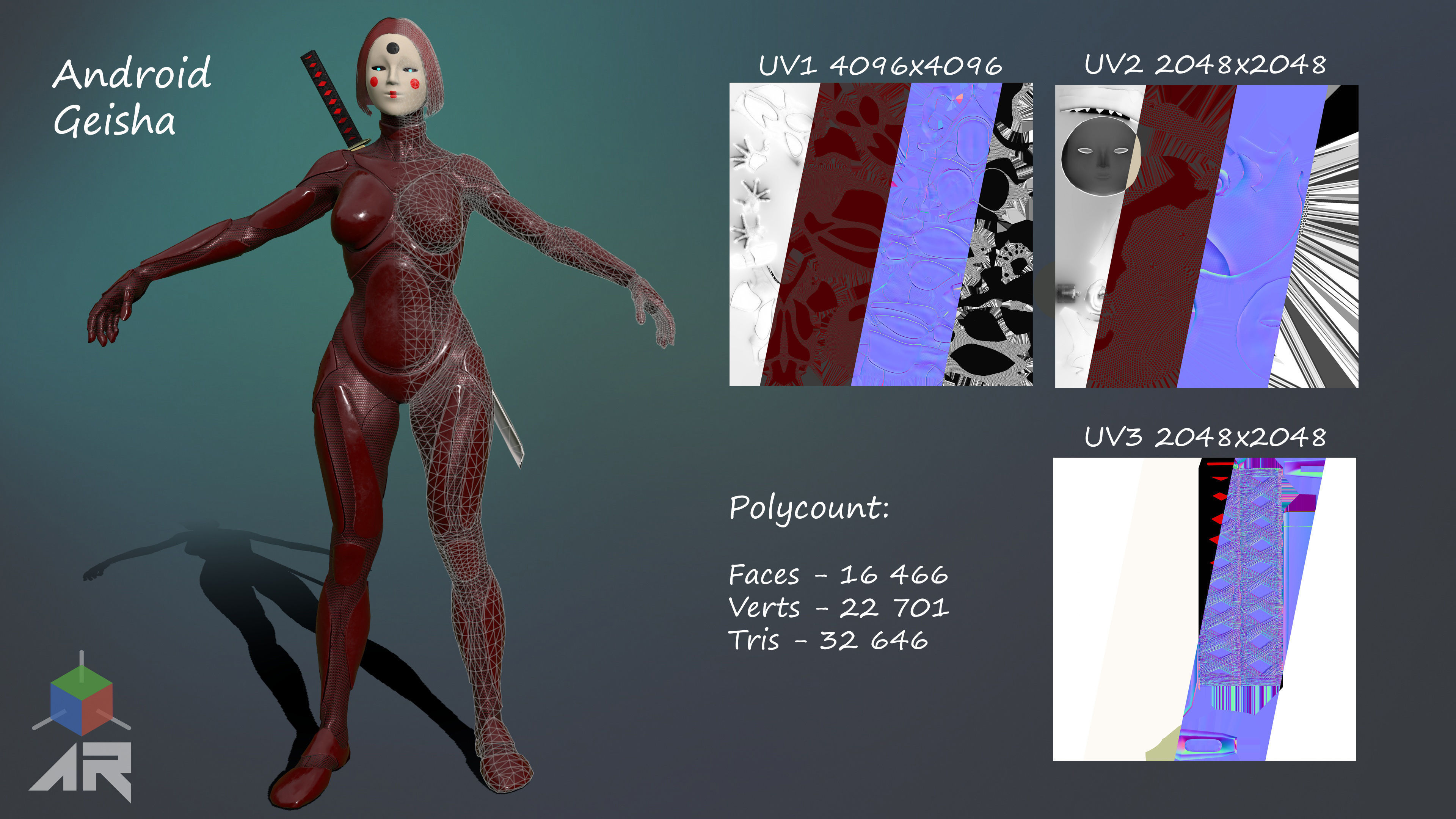 Android Geisha Low-poly 3D model_4