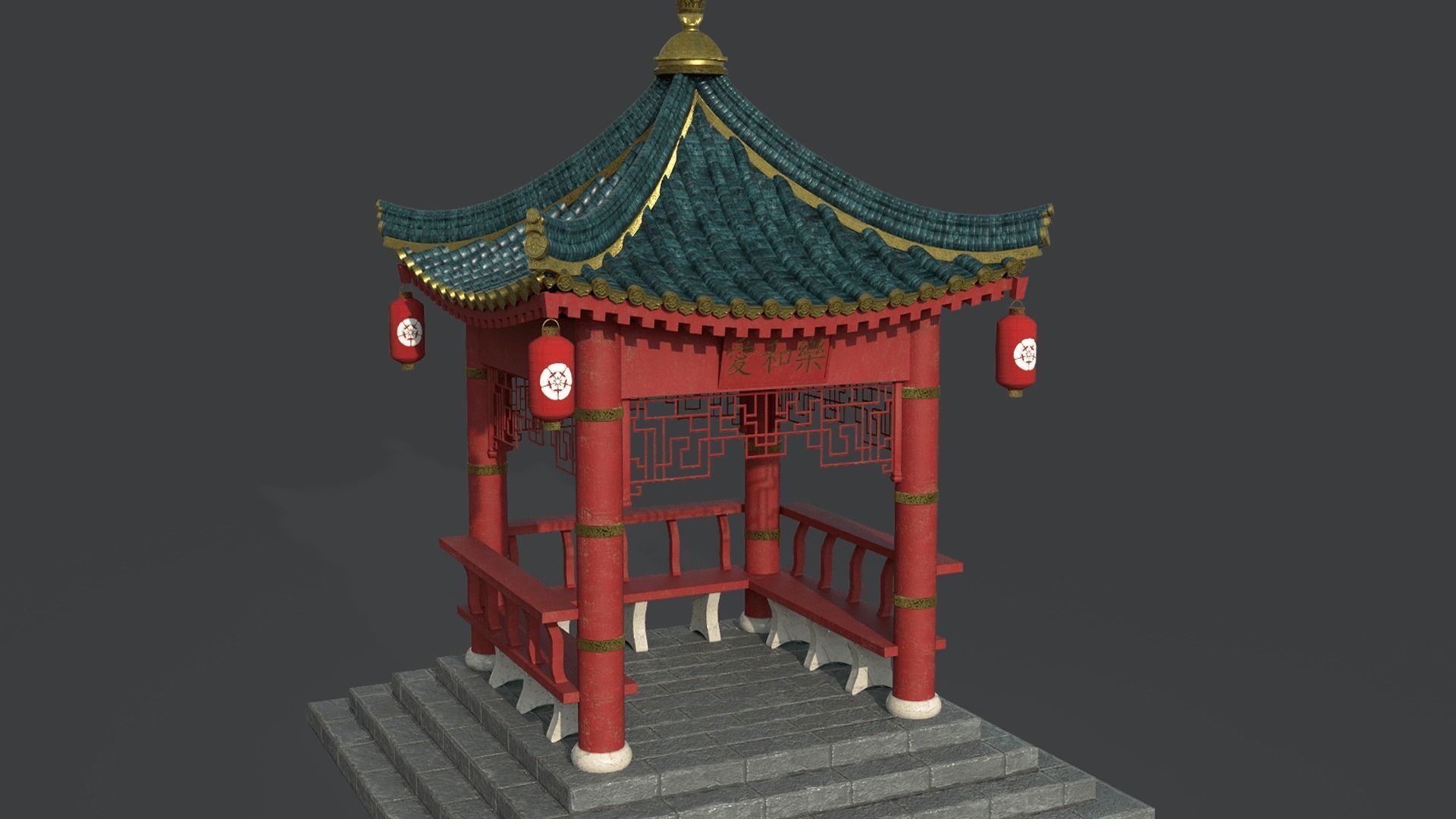Traditional Japanese Gazebo Low-poly 3D model_5