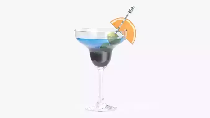 Margarita glass with olives and  slice of orange