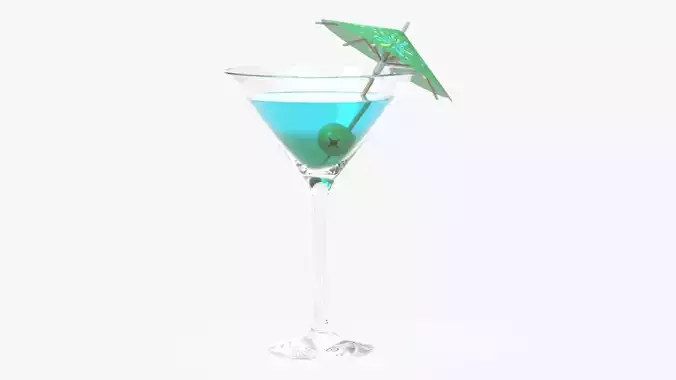 Martini glass with umbrella and olive