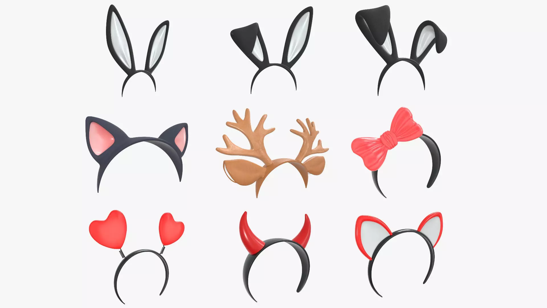 Headband set bunny cat deer ears horns devil bow heart 3D model_0