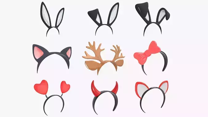 Headband set bunny cat deer ears horns devil bow heart 3D model