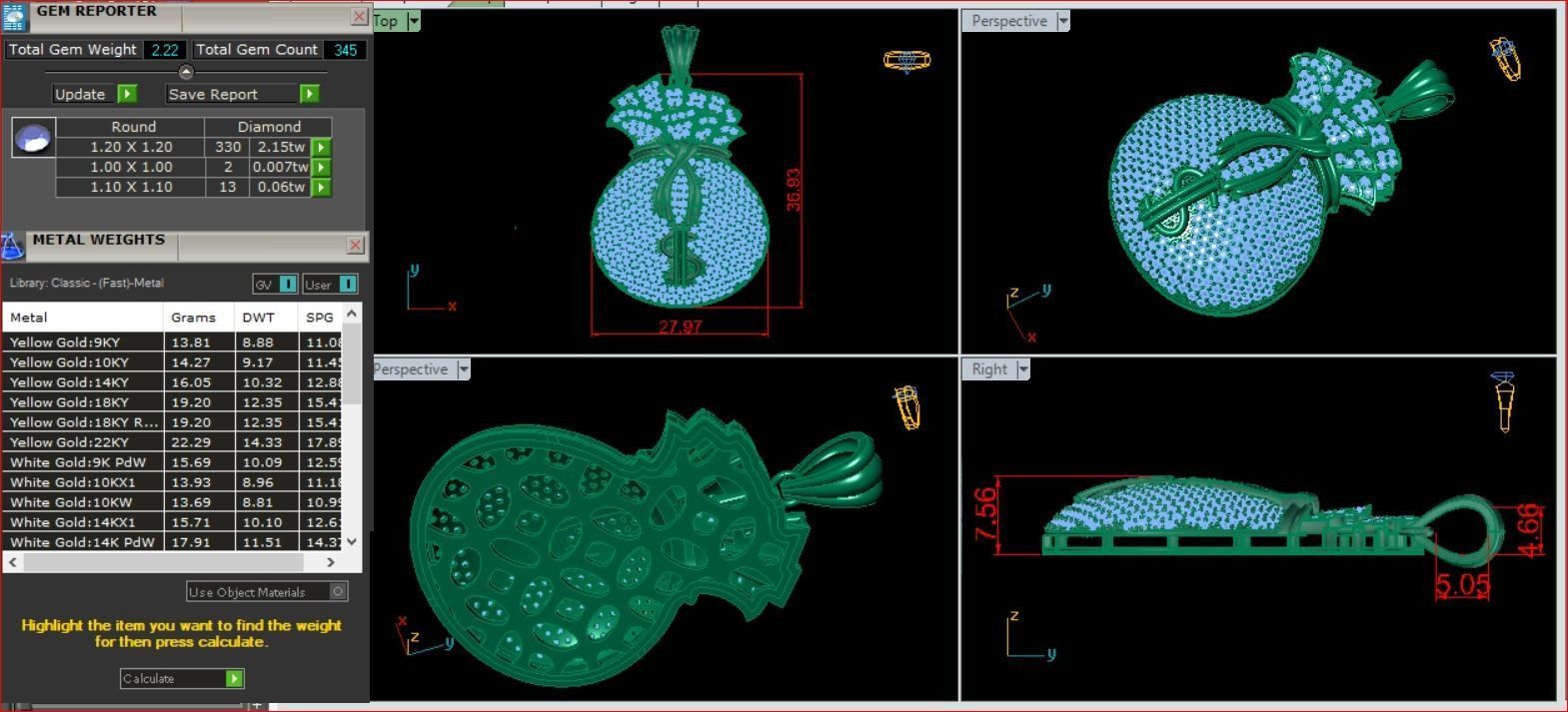 Money Bag Full Diamond Pendant-  Mat Day Tui Dung Tien Full Da 3D print model_1