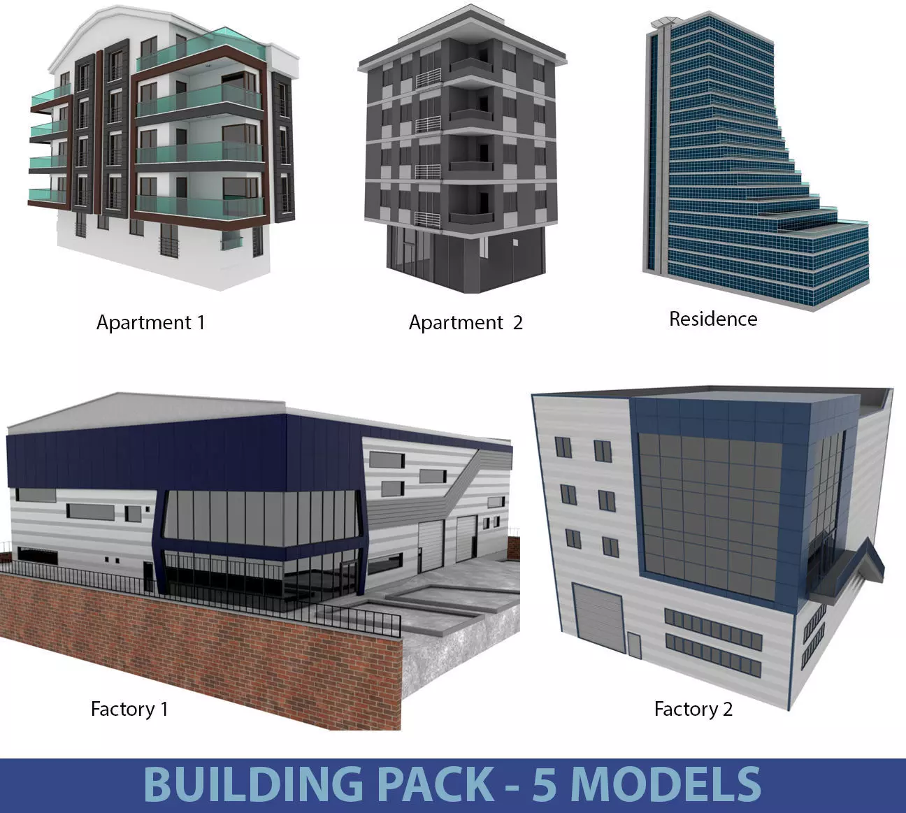 Building Pack - 5 Buildings of Residental and Industrial 3D model_0