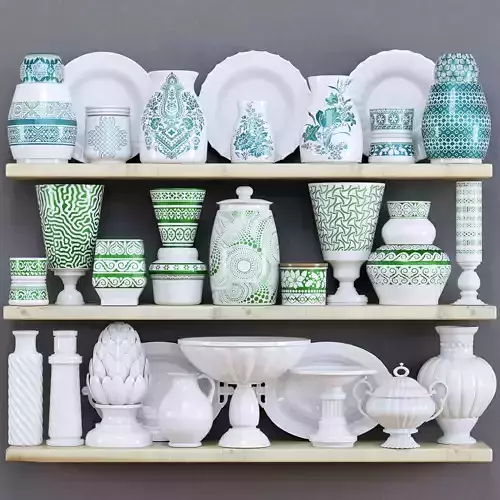Tableware vases on wooden shelf 3D model