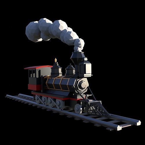Low Poly Train steam locomotive with smoke Low-poly 3D model