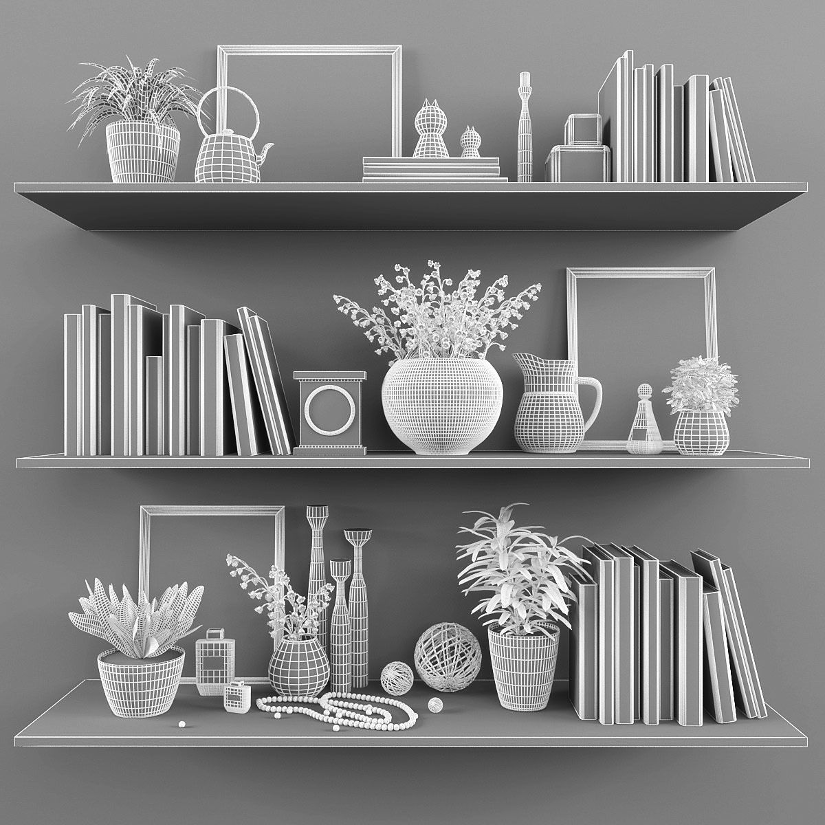 Decorative set shelves with plants and books Low-poly 3D model_2