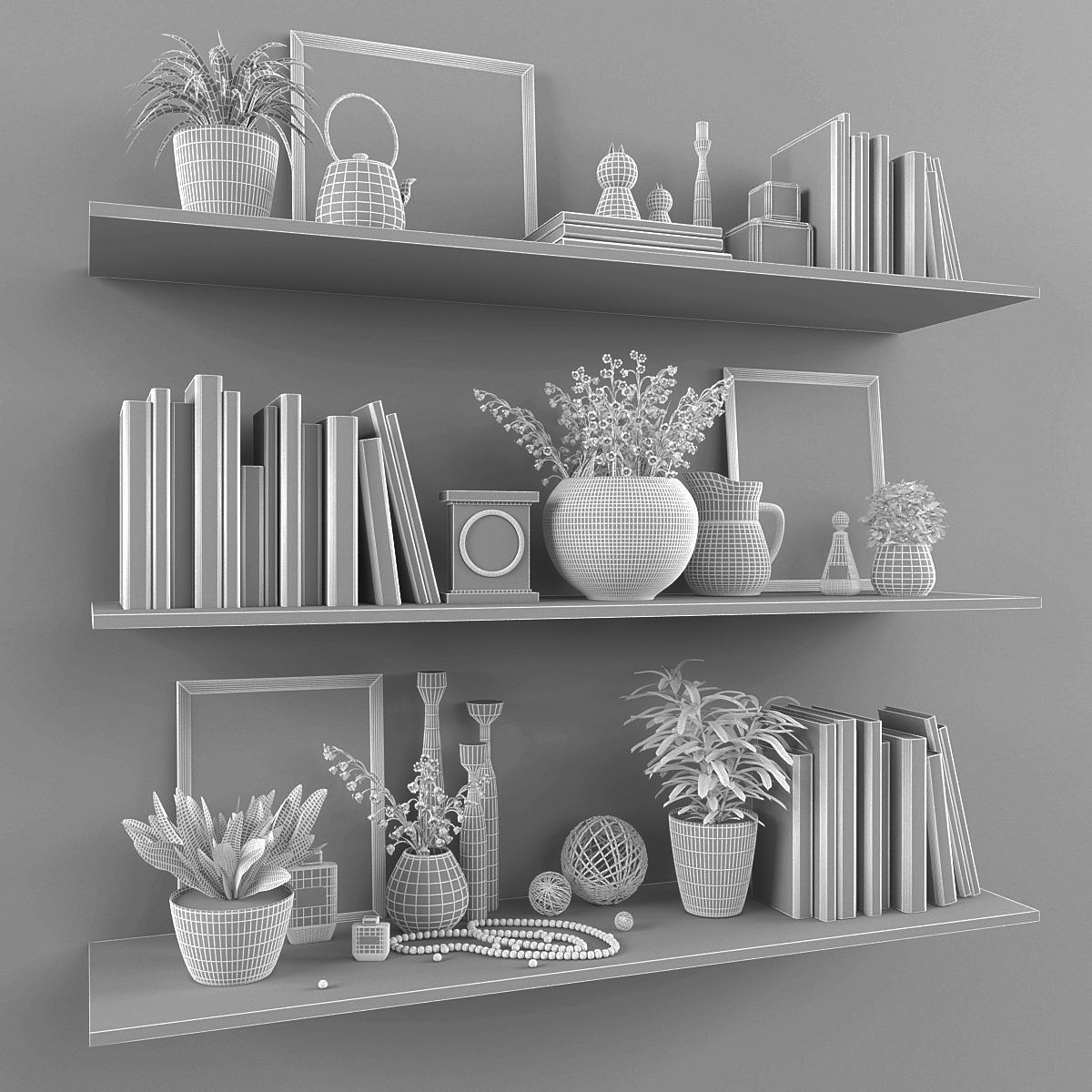 Decorative set shelves with plants and books Low-poly 3D model_4