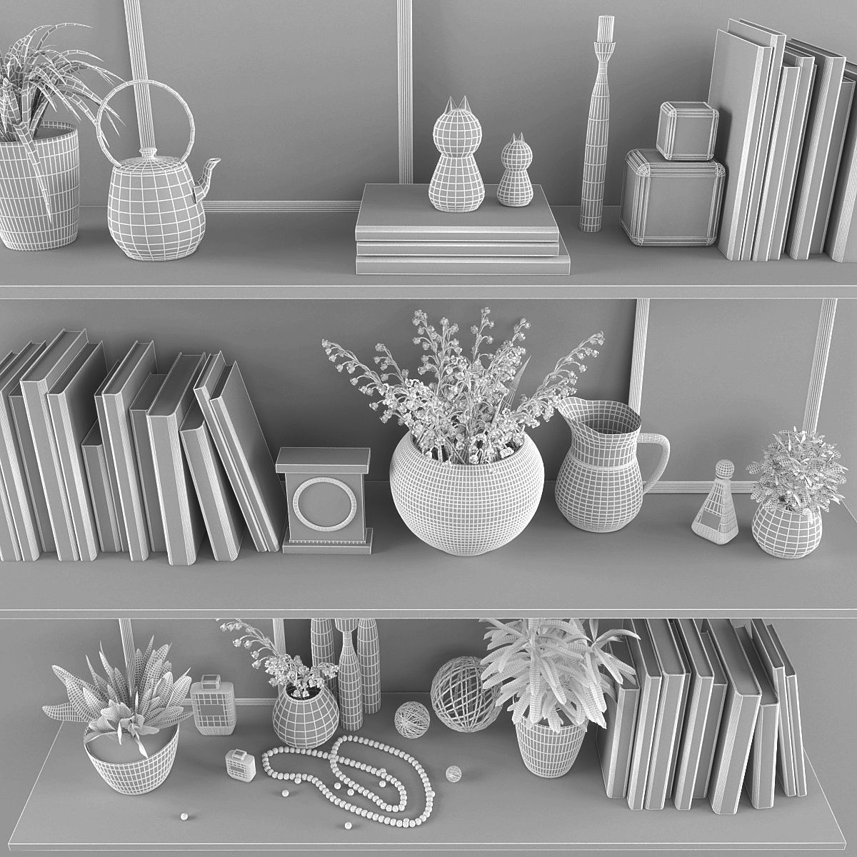 Decorative set shelves with plants and books Low-poly 3D model_3