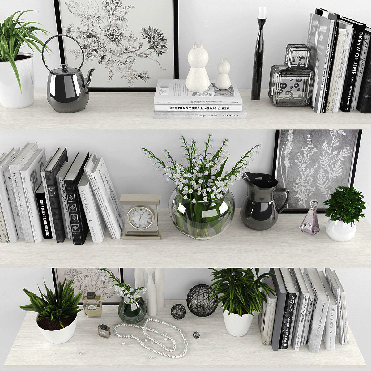 Decorative set shelves with plants and books Low-poly 3D model_1