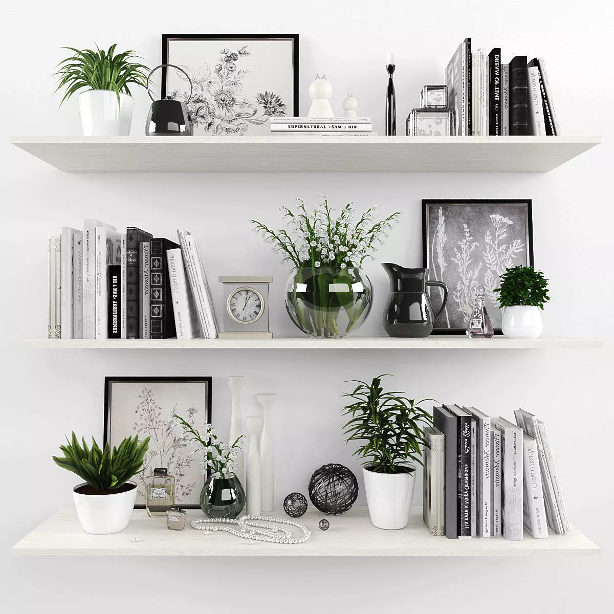 Decorative set shelves with plants and books Low-poly 3D model_0