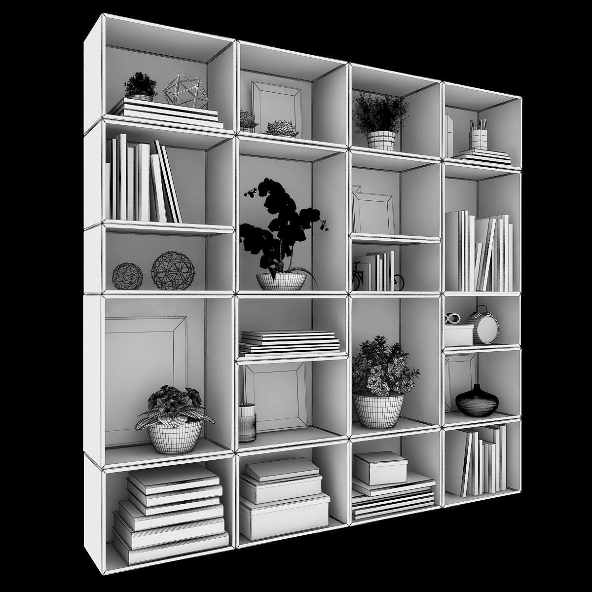 Decorative set bookcase with books and potted plants Low-poly 3D model_4