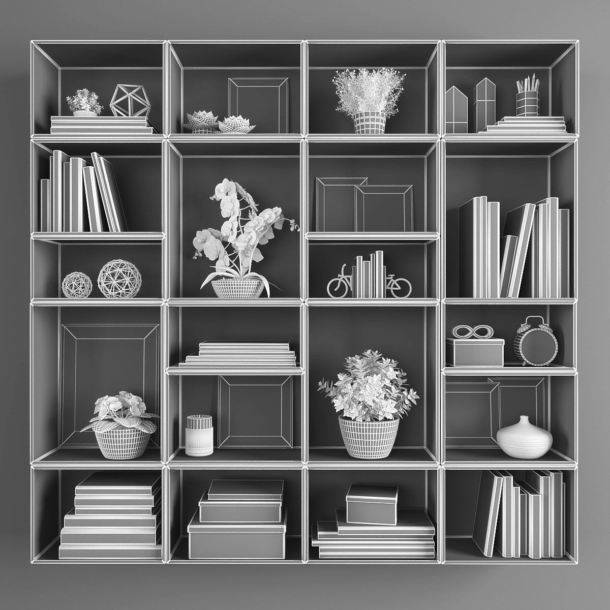 Decorative set bookcase with books and potted plants Low-poly 3D model_2