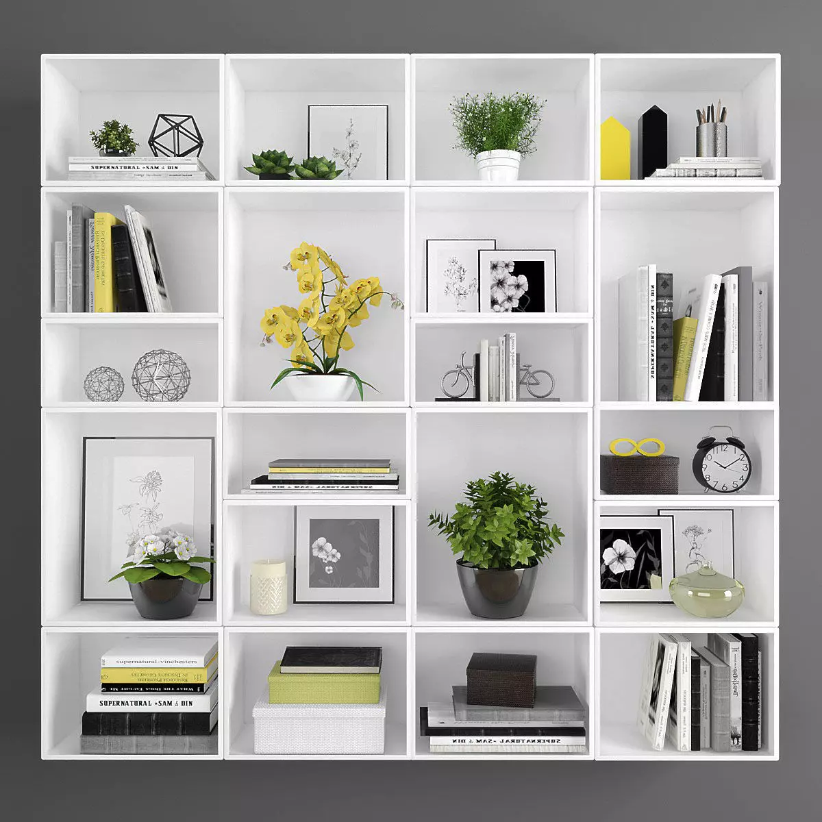 Decorative set bookcase with books and potted plants Low-poly 3D model_0