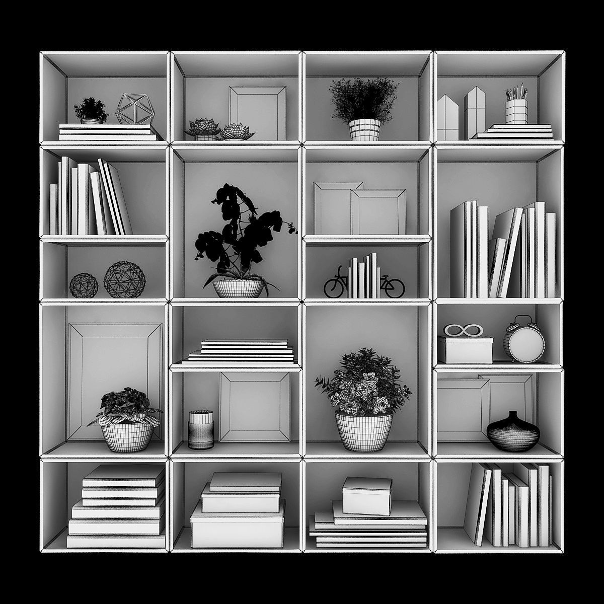 Decorative set bookcase with books and potted plants Low-poly 3D model_3