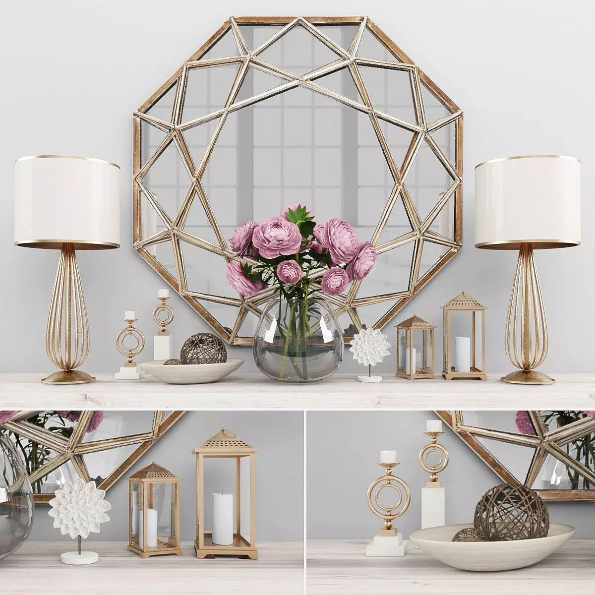 Decorative set three mirrors and vases on shelf Low-poly 3D model_0