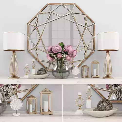 Decorative set three mirrors and vases on shelf Low-poly 3D model
