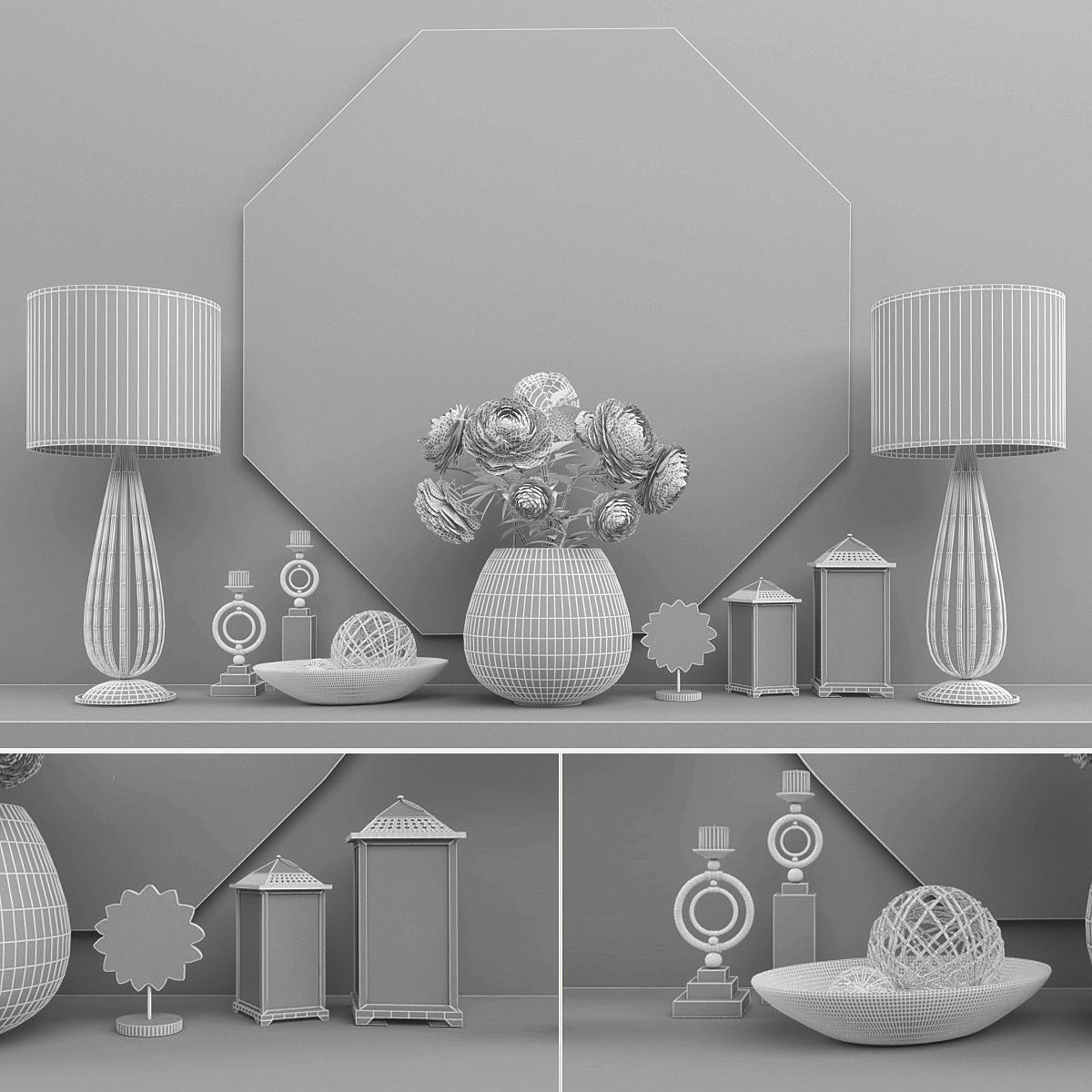 Decorative set three mirrors and vases on shelf Low-poly 3D model_2