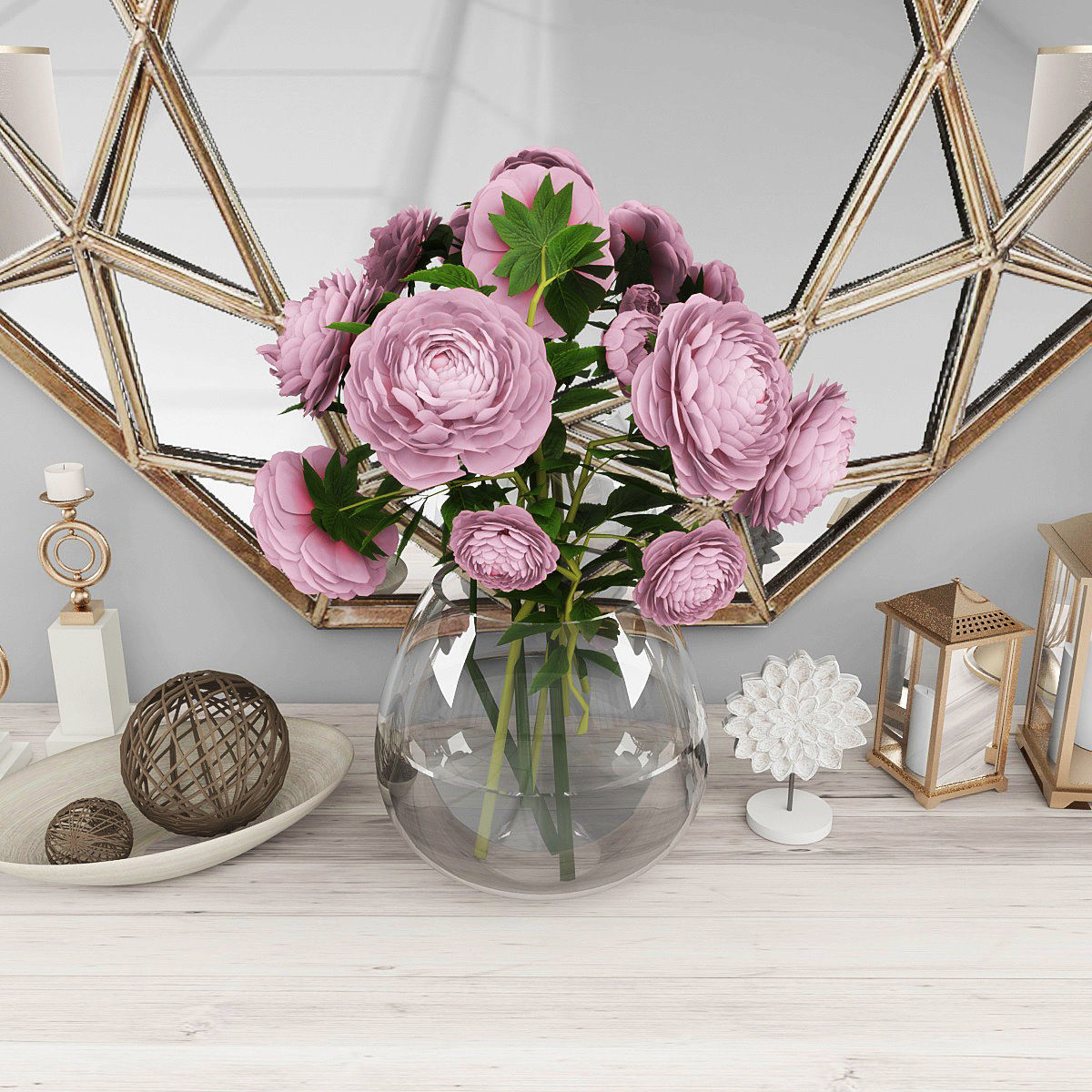 Decorative set three mirrors and vases on shelf Low-poly 3D model_1