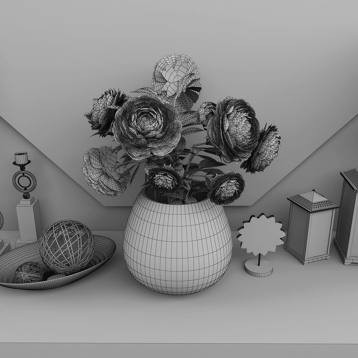 Decorative set three mirrors and vases on shelf Low-poly 3D model_4