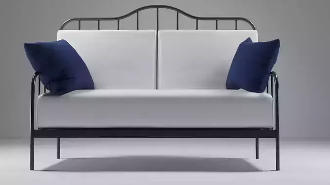 Bench bed with metal frame and sheets